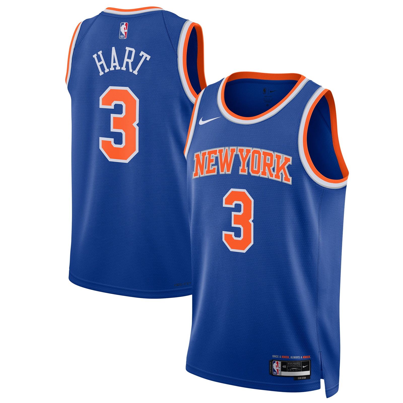Josh Hart New York Knicks Unisex Swingman Player Jersey Icon Edition Blue - front and back view