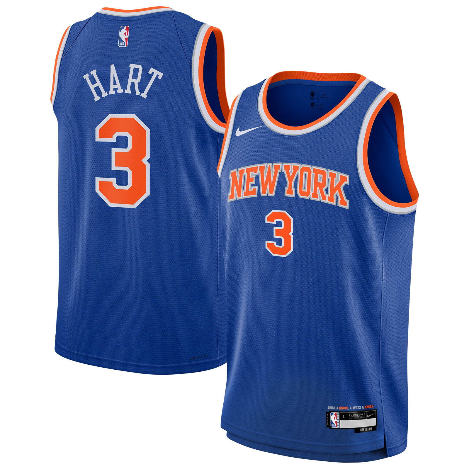 Josh Hart New York Knicks Youth Swingman Jersey Icon Edition Blue - front and back view