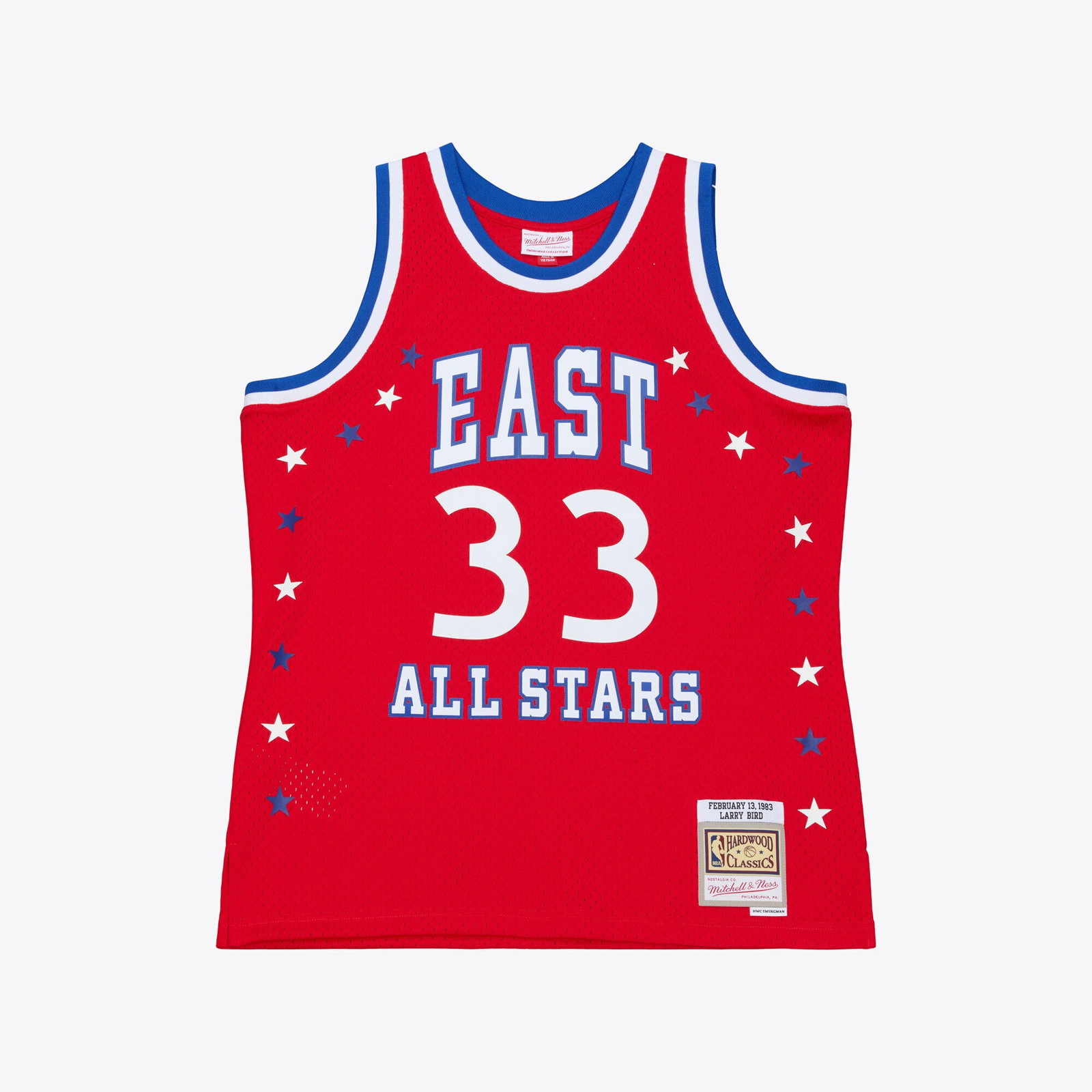 Larry Bird Eastern Conference 1983 All-Star Game Swingman Jersey Red - front and back view