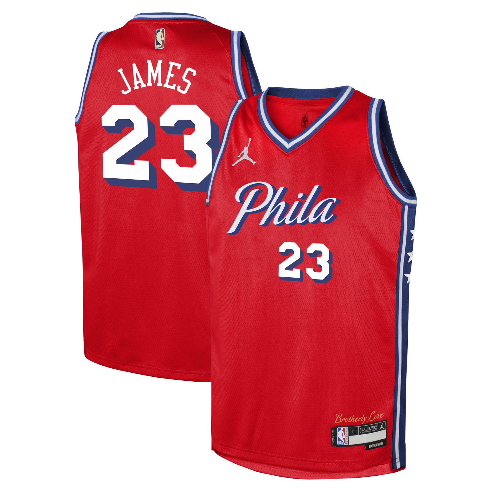 LeBron James Philadelphia 76ers Youth Swingman Jersey Red Statement Edition - front and back view