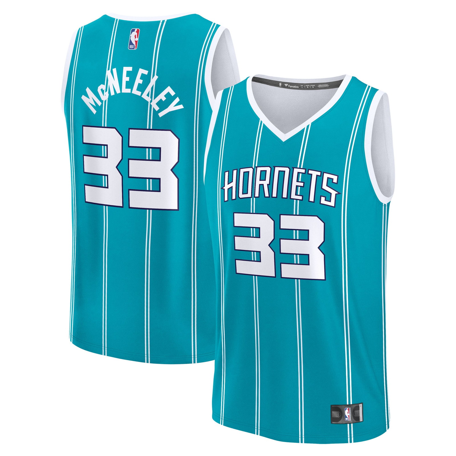 Liam McNeeley Charlotte Hornets Fast Break Fan Version Jersey Teal Icon - front and back view