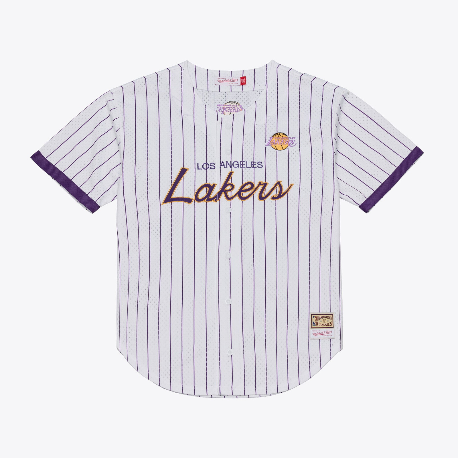 Los Angeles Lakers Head Coach Pinstripe Mesh Full-Button Baseball Jersey White - front and back view