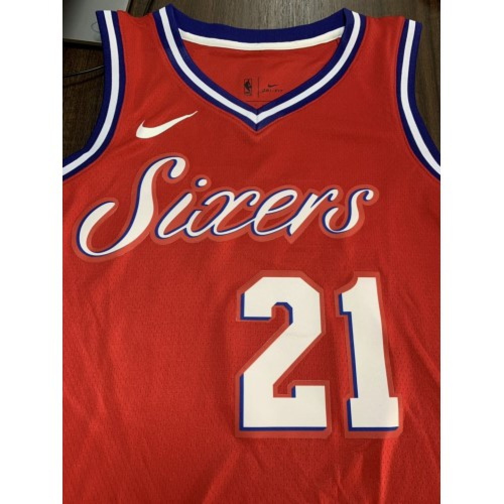 Men's Philadelphia 76ers Joel Embiid #21 Red Swingman Jersey Statement Edition - back view