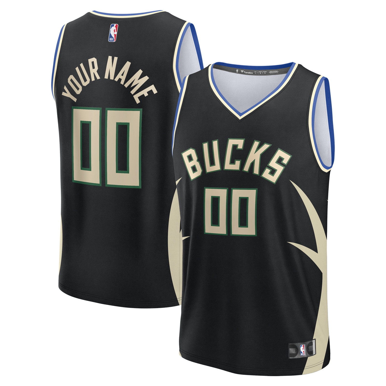 Milwaukee Bucks Youth Fast Break Custom Fan Version Jersey Black Statement - front and back view