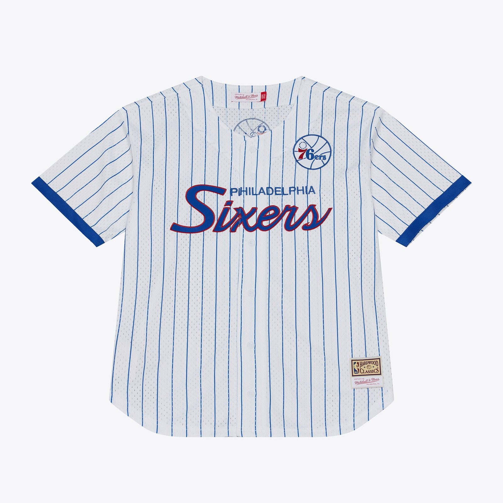 Philadelphia 76ers Head Coach Pinstripe Mesh Full-Button Baseball Jersey White - front and back view