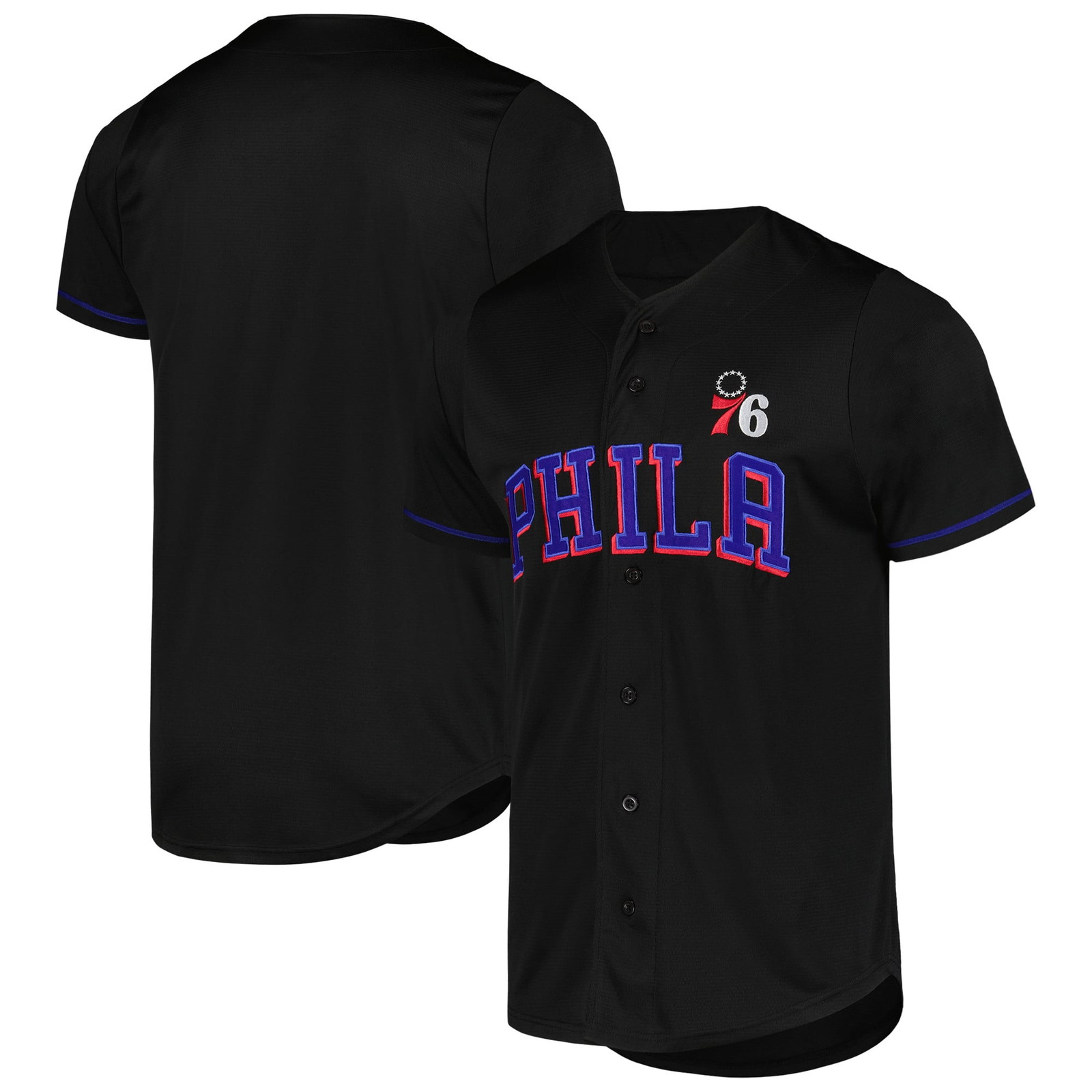 Philadelphia 76ers Pop Baseball Jersey Black - front and back view