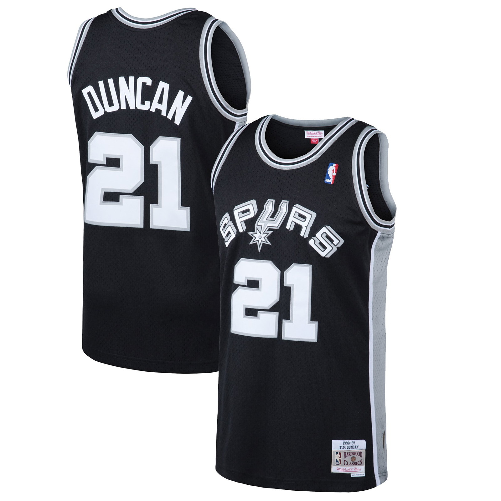 Tim Duncan San Antonio Spurs 1998/99 Hardwood Classics Swingman Jersey Black - front and back view