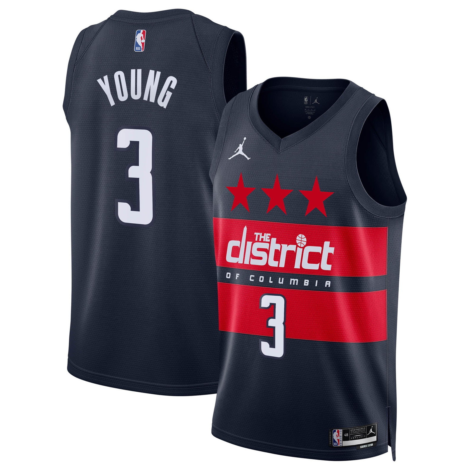 Trae Young Washington Wizards Unisex Swingman Jersey Statement Edition Navy - front and back view