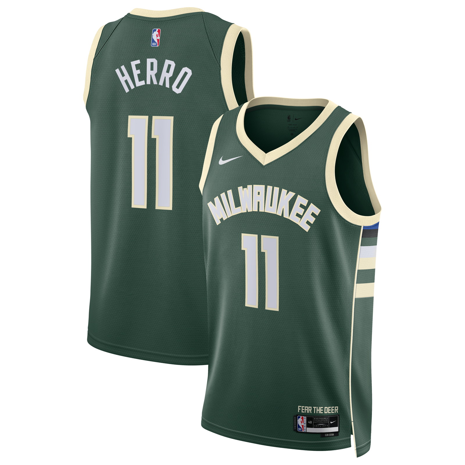 Tyler Herro Milwaukee Bucks Unisex Swingman Jersey Icon Edition Hunter Green - front and back view