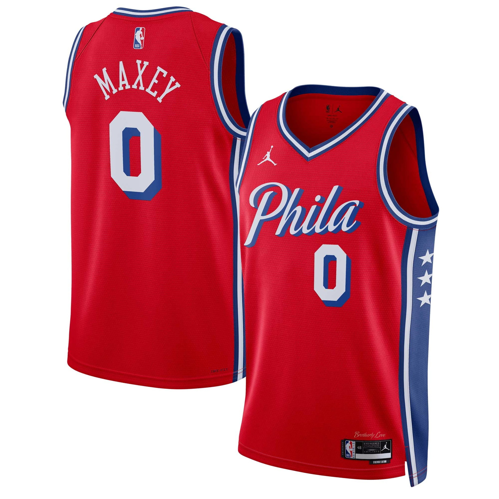 Tyrese Maxey Philadelphia 76ers Unisex Swingman Jersey Statement Edition Red - front and back view