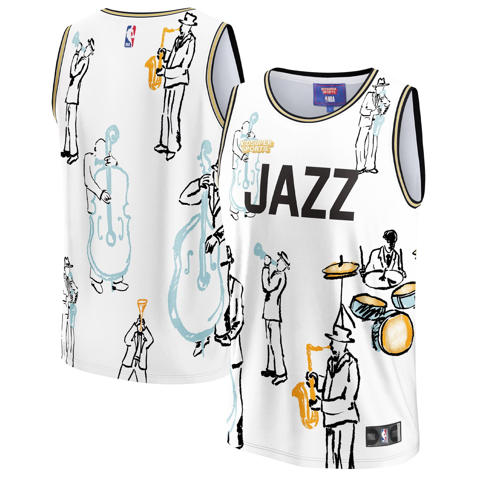 Utah Jazz NBA & KidSuper Studios by Unisex Hometown Jersey White - front and back view