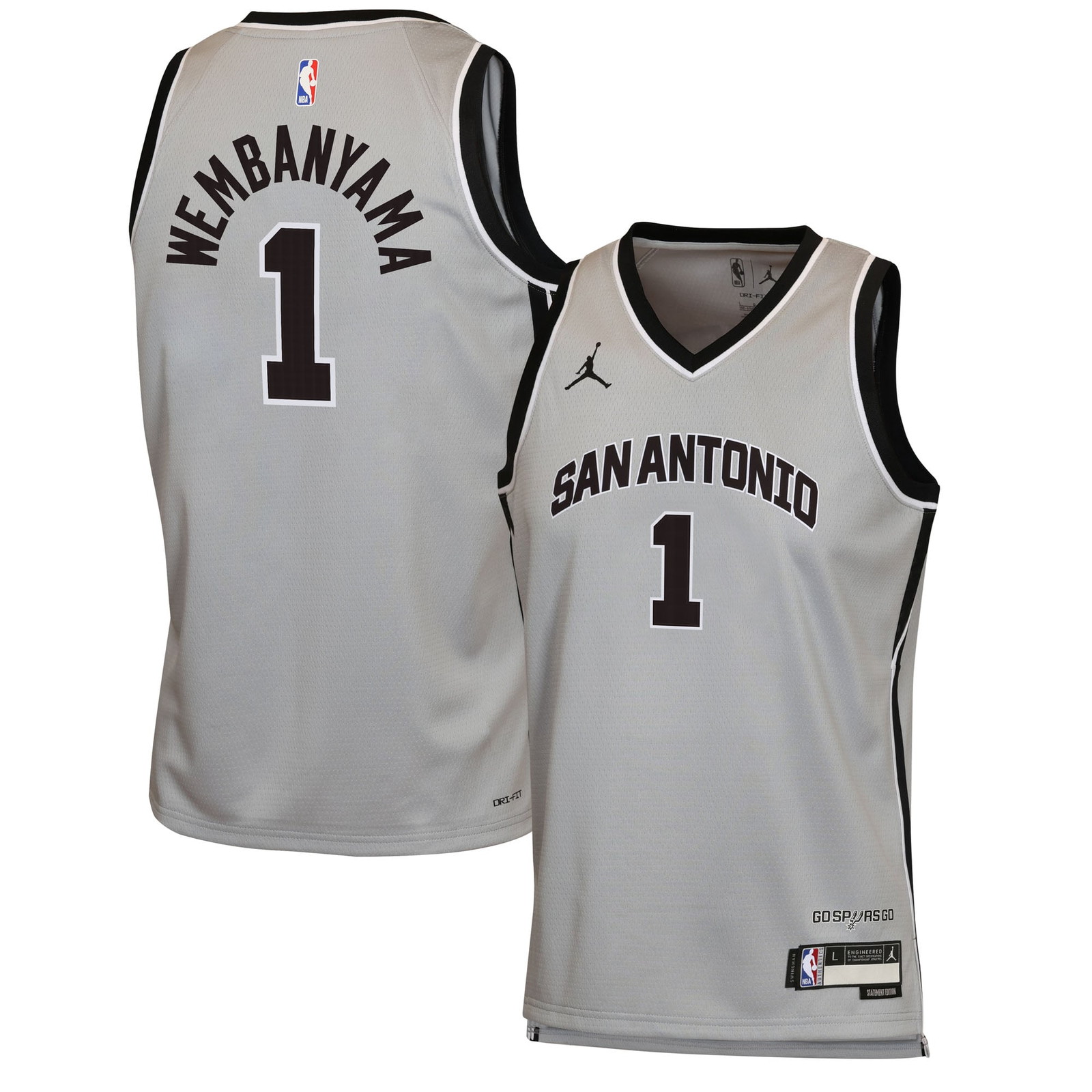 Victor Wembanyama San Antonio Spurs Youth Swingman Jersey Statement Edition - front and back view