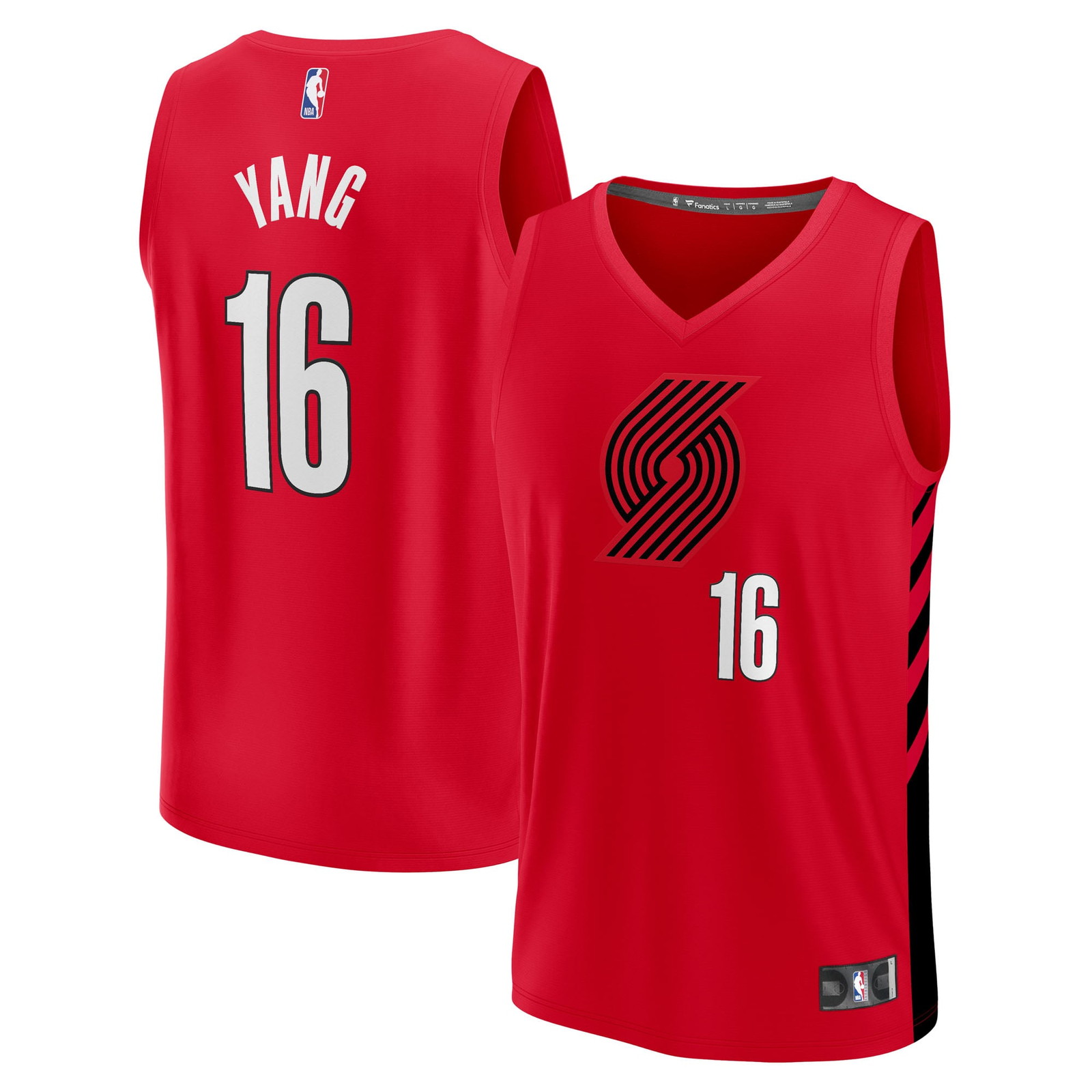 Yang Hansen Portland Trail Blazers Fast Break Fan Version Jersey Red - front and back view