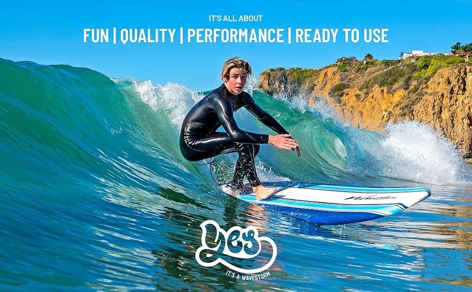 Wavestorm 8ft Classic Soft Top Foam Surfboard Leash Fins Teens Adult boy girl fun ocean blue Pinline