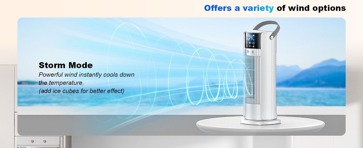 Text reads 'Offers a variety of wind options', 'Storm Mode', 'Powerful wind capacity more even', 'Used as color for better effect'. Oscillating tower fan with natural landscape background display.