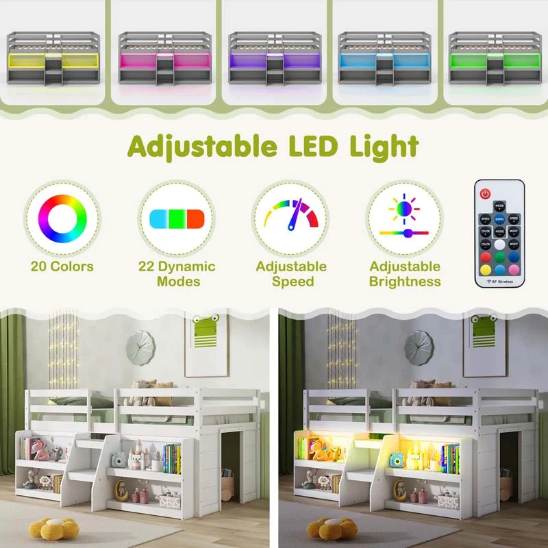 Eletriclife Twin Size Loft Bed with LED Lights with Staircase and Safety Guardrail