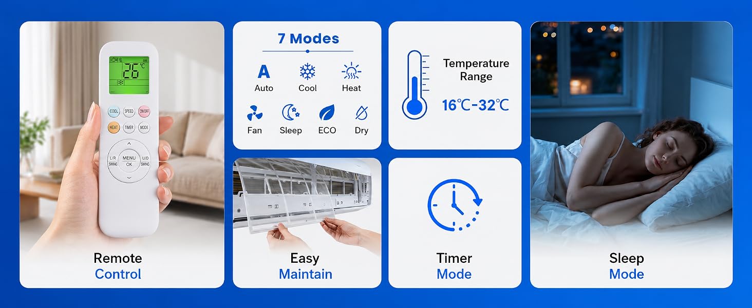 Text reads '7 Modules', 'Remote', 'Easy Setup', 'Timer', 'Sleep'. Composite showing smart device remote control, setup instructions cards, timer display, and person sleeping with monitoring device activated.