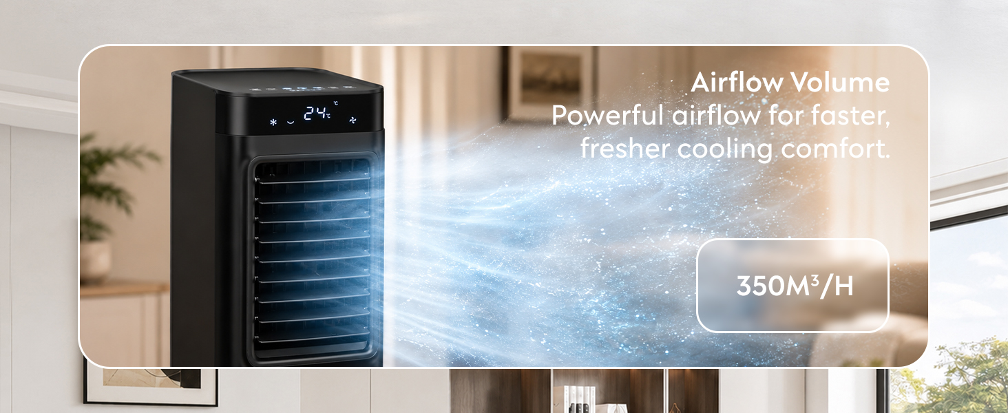 Text reads 'Airflow Volume Powerful airflow for faster, fresher cooling comfort 350M/H'. Black portable air cooler unit displayed on left with blue airflow visualization on right side showing cooling capability indoors.