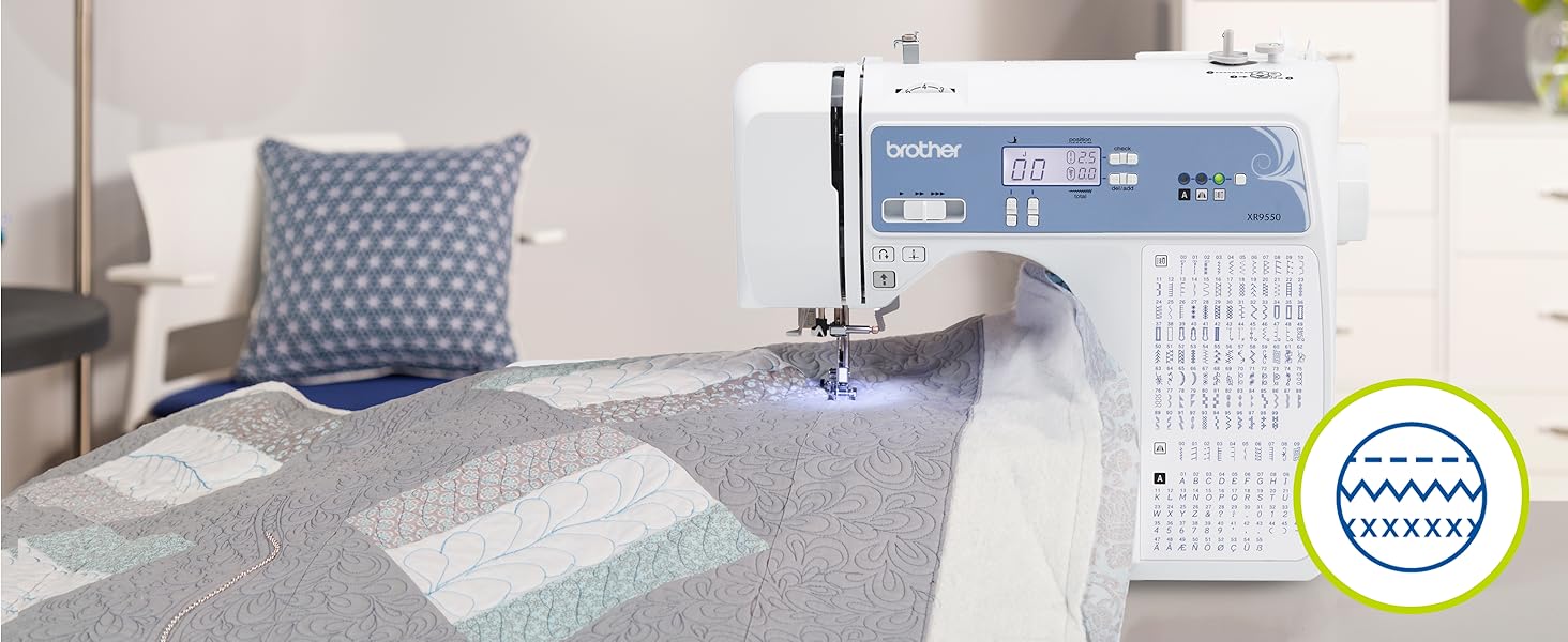 Lifestyle image of machine with quilt and icon in bottom right corner showing various stitch types
