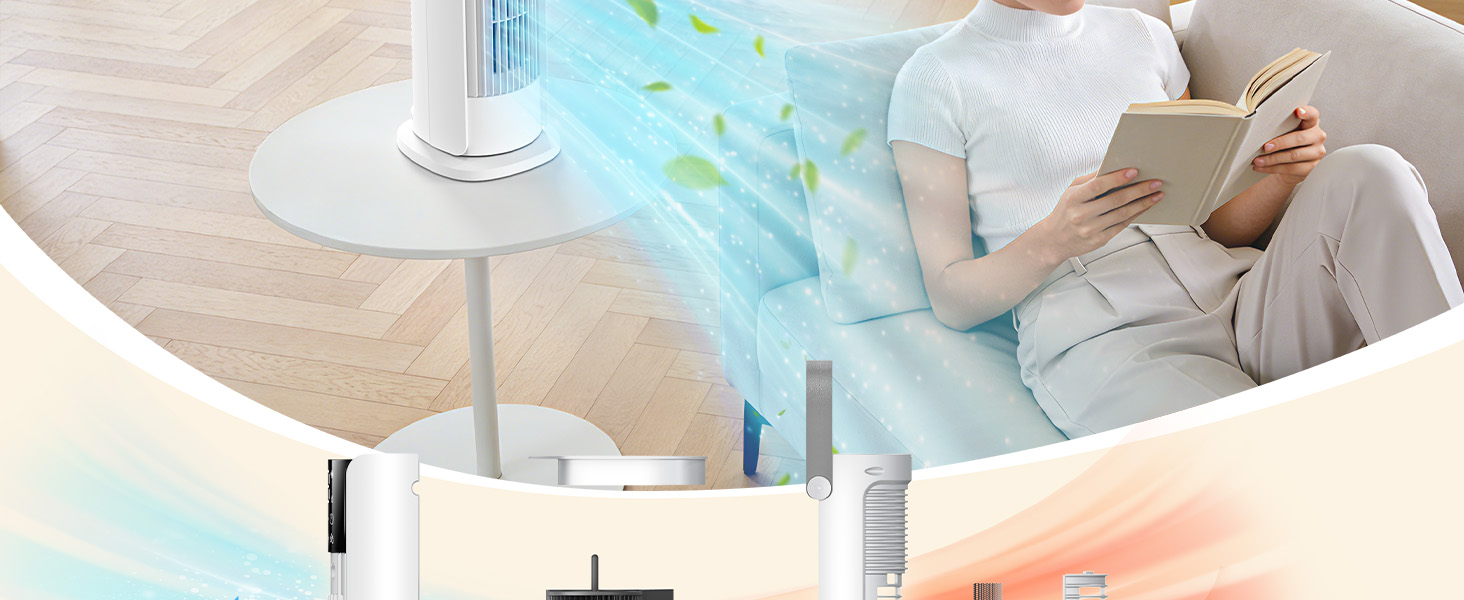 Person lying on bed wearing white clothing with a portable air purifier or cooling device on nightstand, shown in soft-focus bedroom setting with natural lighting.