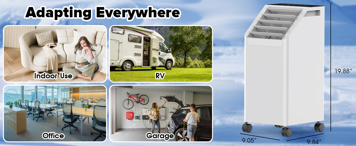 Text reads 'Adapting Everywhere'. Four-panel composite showing portable air conditioning unit in residential, outdoor, office, and commercial settings with product display.