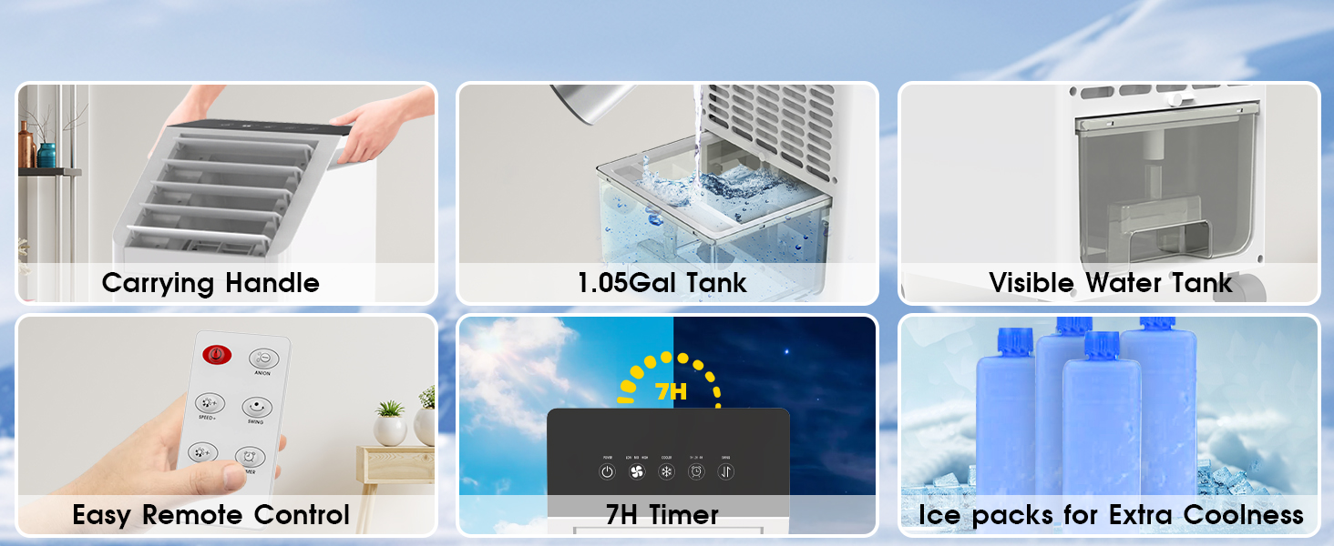 Portable water cooler system components displayed: carrying handle, 1.80gal tank, water cooler unit, easy remote control, 7L timer, and ice packs for cooler transport shown in six separate close-up views.