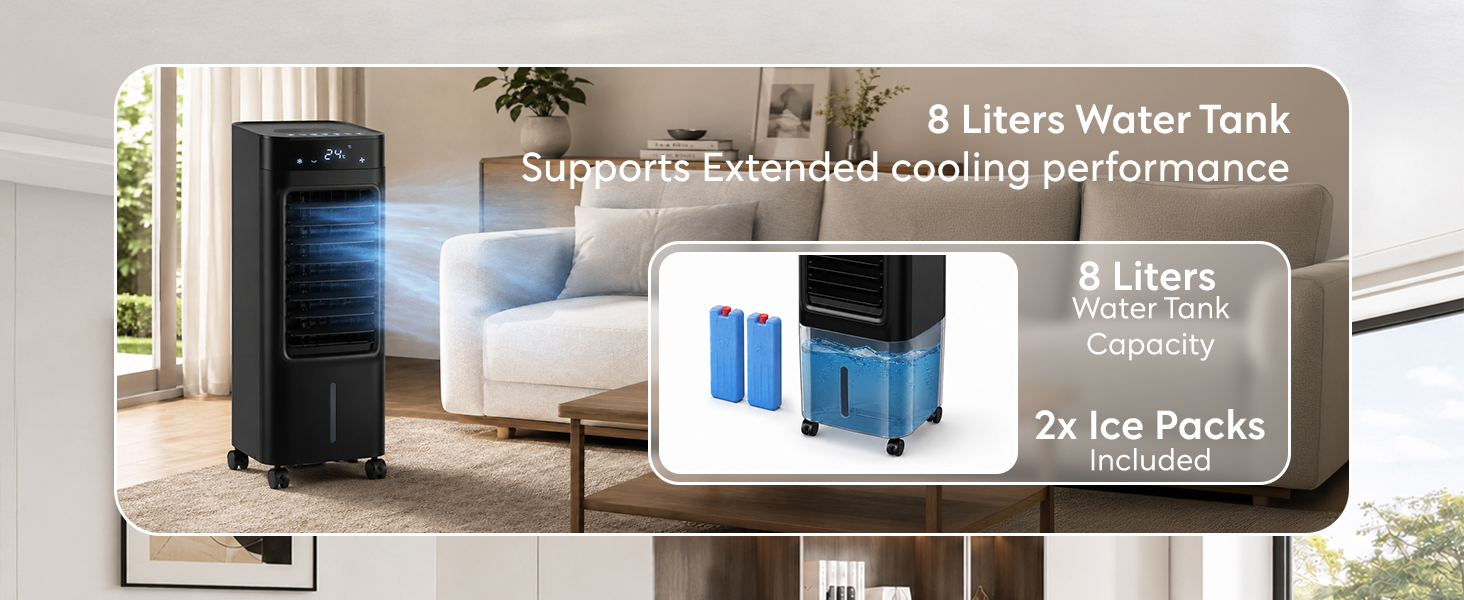 Text reads 'Supports Extended Cooling Performance', '8 Liters Water Tank', '8 Liters Capacity', '2x Ice Packs'. Product display showing portable cooling device with water tank and ice pack components in living room setting.