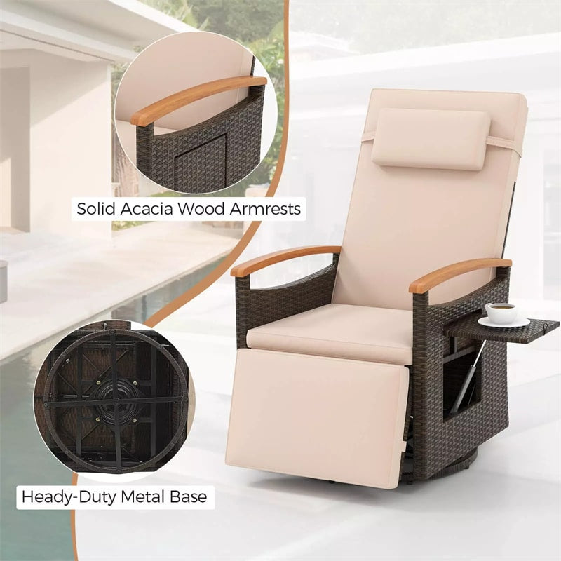 Outdoor 360° Swivel Rattan Recliner Chair with Adjustable Backrest & Footrest, Patio Wicker Chaise Lounge Chair with Flip Side Table & Cushion