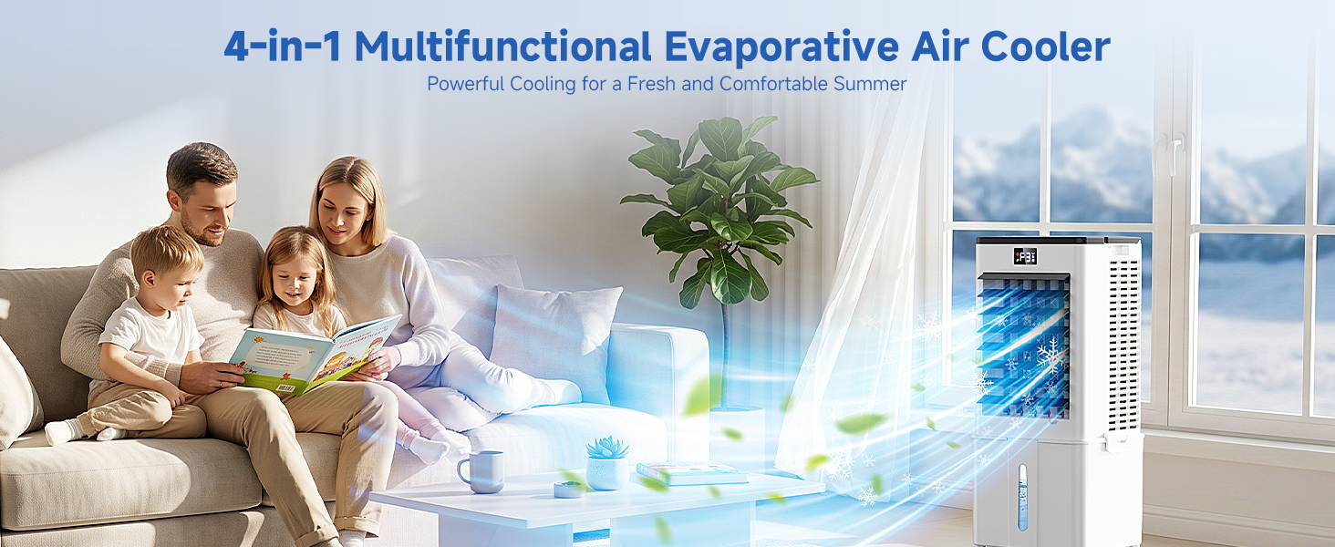 Text reads "4-in-1 Multifunctional Evaporative Air Cooler." Family of four sitting indoors with blue cooling mist effect visible, plant, window with outdoor view, demonstrating air cooler cooling function.