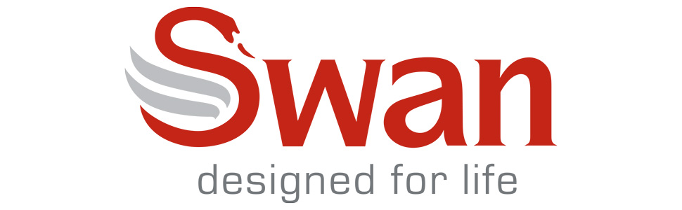 Text reads 'Swan' and 'designed for life'. Logo design showing Swan brand name in red with stylized swan icon.