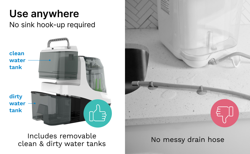 baby brezza bottle washer pro does not have a messy drain hose or require a sink hook up