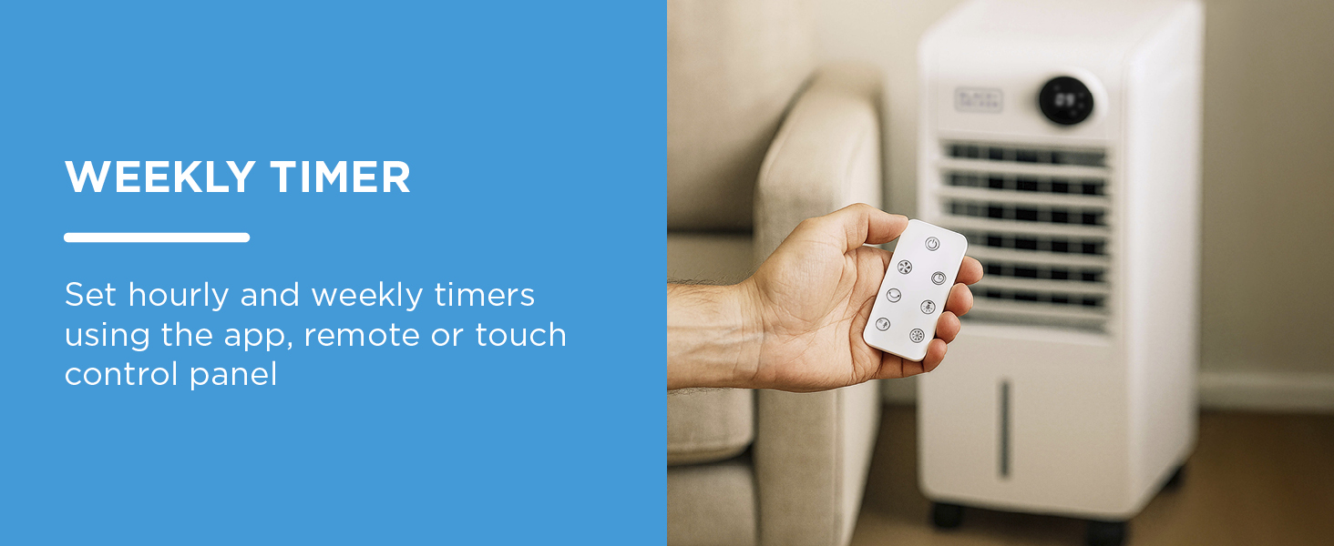 Text reads 'WEEKLY TIMER' and 'Set hourly and weekly timers using the app, remote or touch control panel'. Shows hand holding device near appliance.