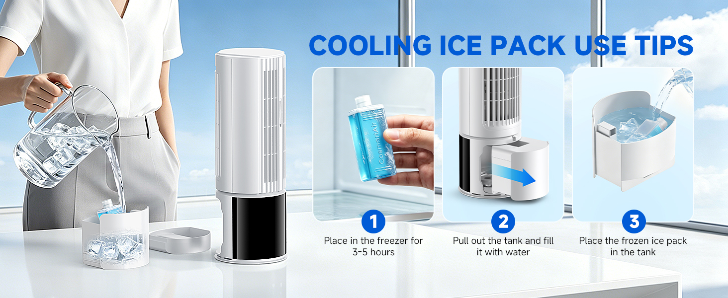 Text reads 'COOLING ICE PACK USE TIPS'. Infographic with four numbered cooling recommendations featuring ice pack products, gel packs, and cold therapy applications displayed against light background with cooling product imagery.