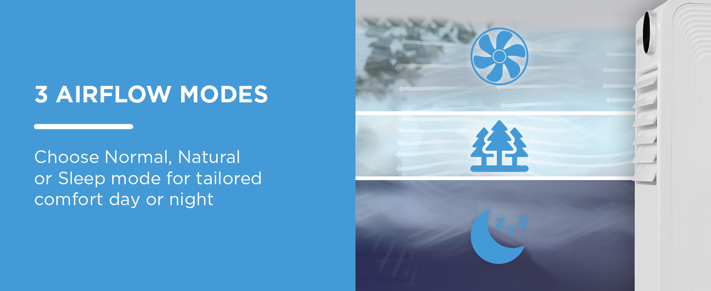 Text reads '3 AIRFLOW MODES' and 'Choose Normal, Natural or Sleep mode for balanced cooling'. Marketing images showing air conditioning or fan settings with blue icons.