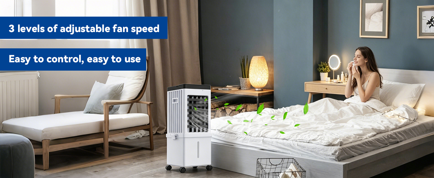 Text reads '3 levels of adjustable fan speed' and 'Easy to control, easy to use'. White portable air cooling unit displayed in bedroom setting next to bed with woman resting.