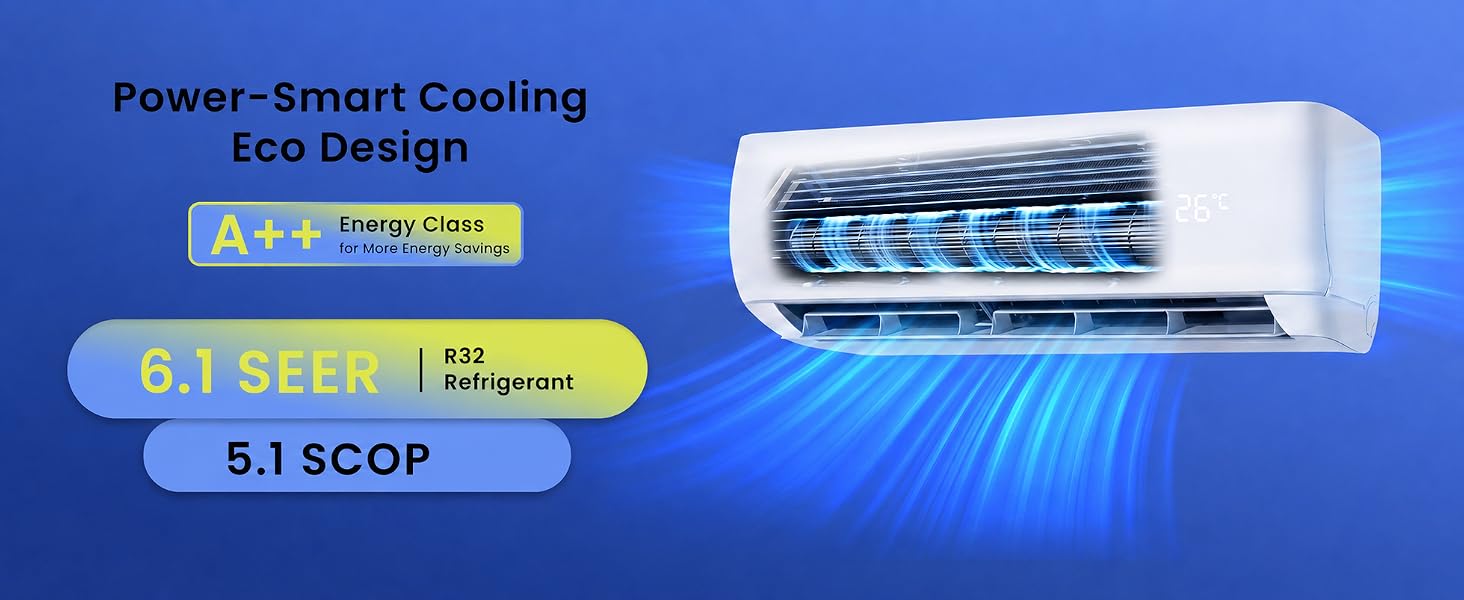Text reads 'Power-Smart Cooling', 'Eco Design', '6.1 SEER', '5.1 SCOP', 'ENERGY STAR', '380 Refrigerant'. White air conditioning unit with blue digital display and cooling capability specifications shown on blue promotional background.