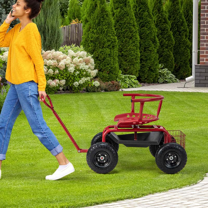 Eletriclife Cushioned Rolling Garden Cart Scooter with Storage Basket and Tool Pouch