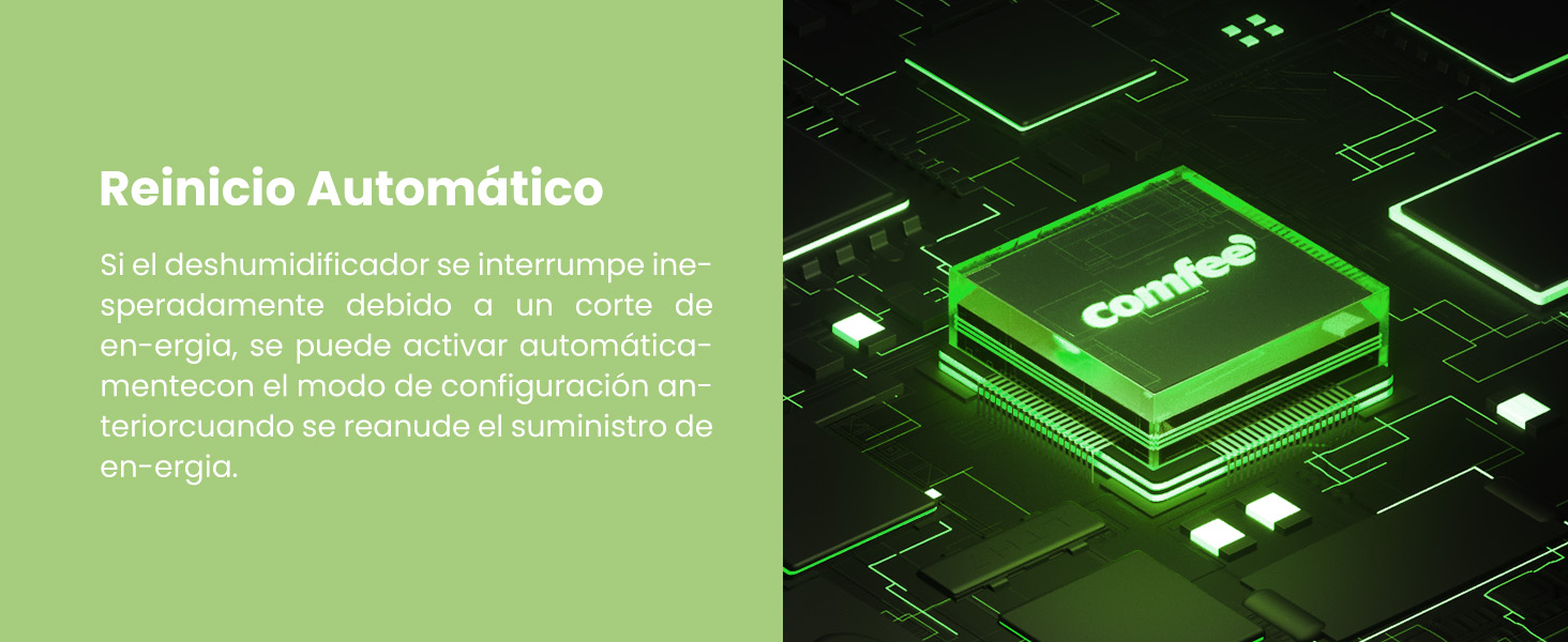 Ilustración de placa de circuito verde con texto 'Reinicio Automático'. Chip central con la etiqueta «Smartec» sobre un fondo verde brillante con patrones
