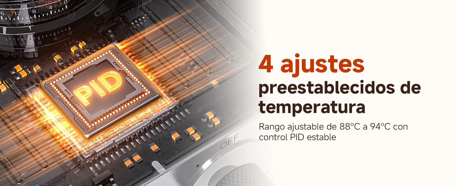 El texto dice «4 ajustes preestablecidos de temperatura». Primer plano de la placa de circuito electrónico con el texto «PID» visible, que muestra la interfaz del sistema de control de temperatura.