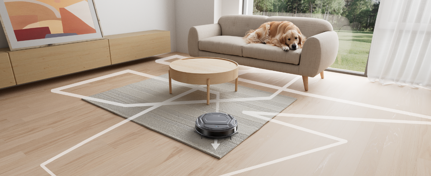Secuencia de cuatro paneles que muestra una aspiradora robótica navegando por una moderna sala de estar con una mesa de café de vidrio y muebles de color beige.