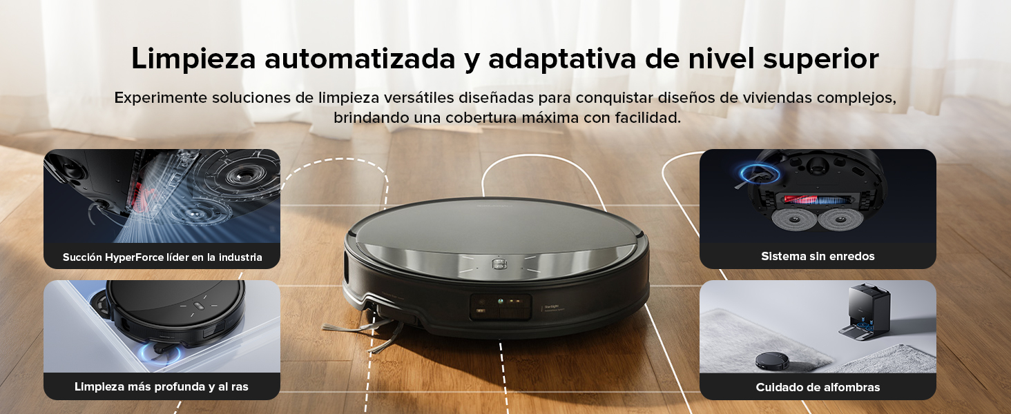 sobre suelo de madera. Características destacadas de la imagen: limpieza automática, detección de obstáculos, cepillos multisuperficie, estación de carga y funcionalidad de control mediante aplicaciones