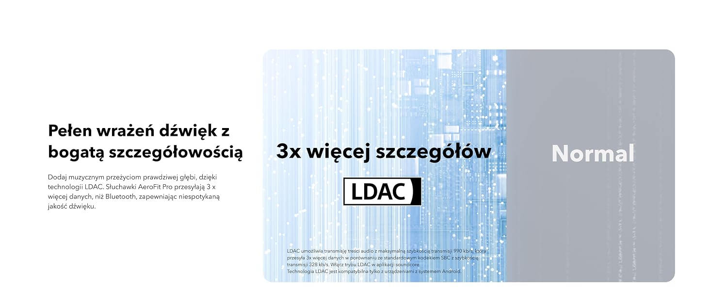 Techniczny schemat porównawczy przedstawiający ustawienia jakości dźwięku LDAC, z tekstem w języku polskim wskazującym różnice w jakości dźwięku i wiele poziomów szczegółowości
