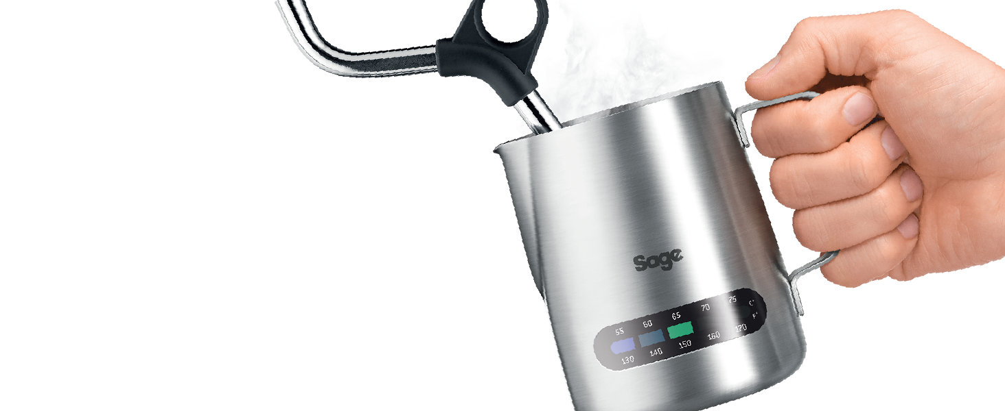sage thermos es una batidora de acero inoxidable con mango negro.