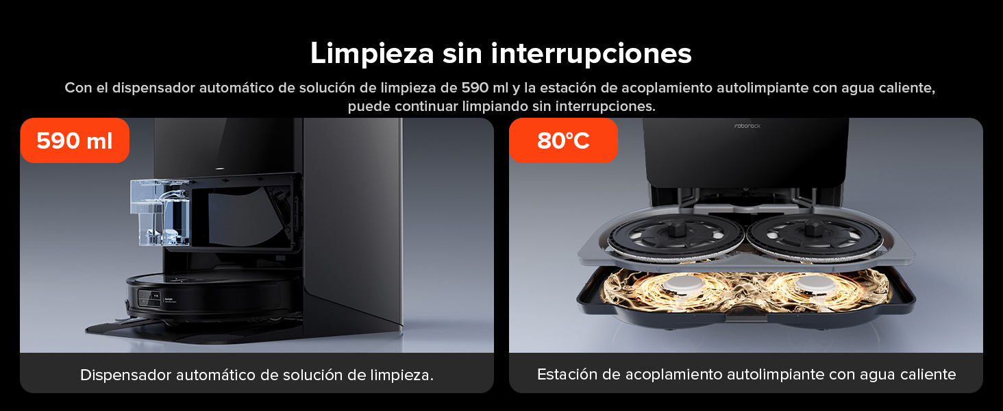 Imagen en dos paneles de un dispositivo de limpieza. A la izquierda se muestra el dispositivo, a la derecha se muestra limpiando una superficie. El texto menciona «Limpieza sin interrupciones» y «80°C».