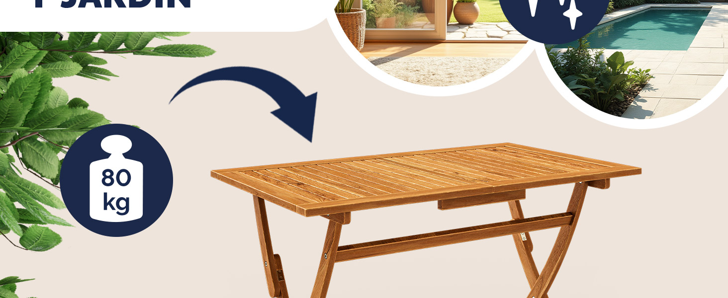 con tapa de listones. Cuenta con una capacidad de peso de 80 kg. Apto para uso en patio o jardín. La decoración vegetal visible en el fondo sugiere un entorno exterior.