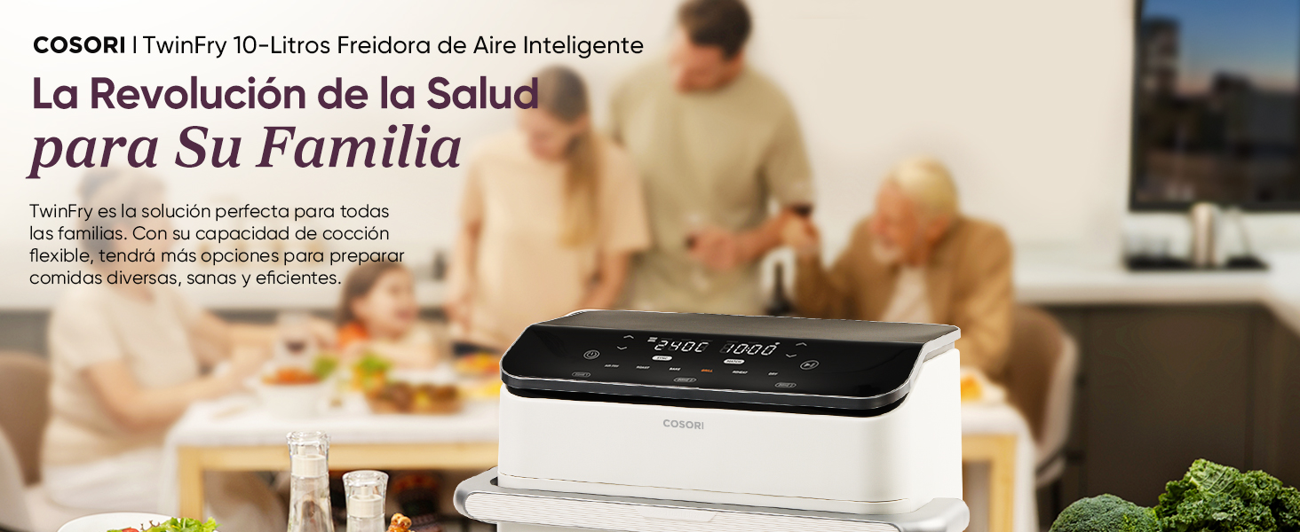 El texto dice «La Revolución de la Salud para Su Familia». Escena de la cocina que muestra la preparación de la cocción en una superficie oscura.