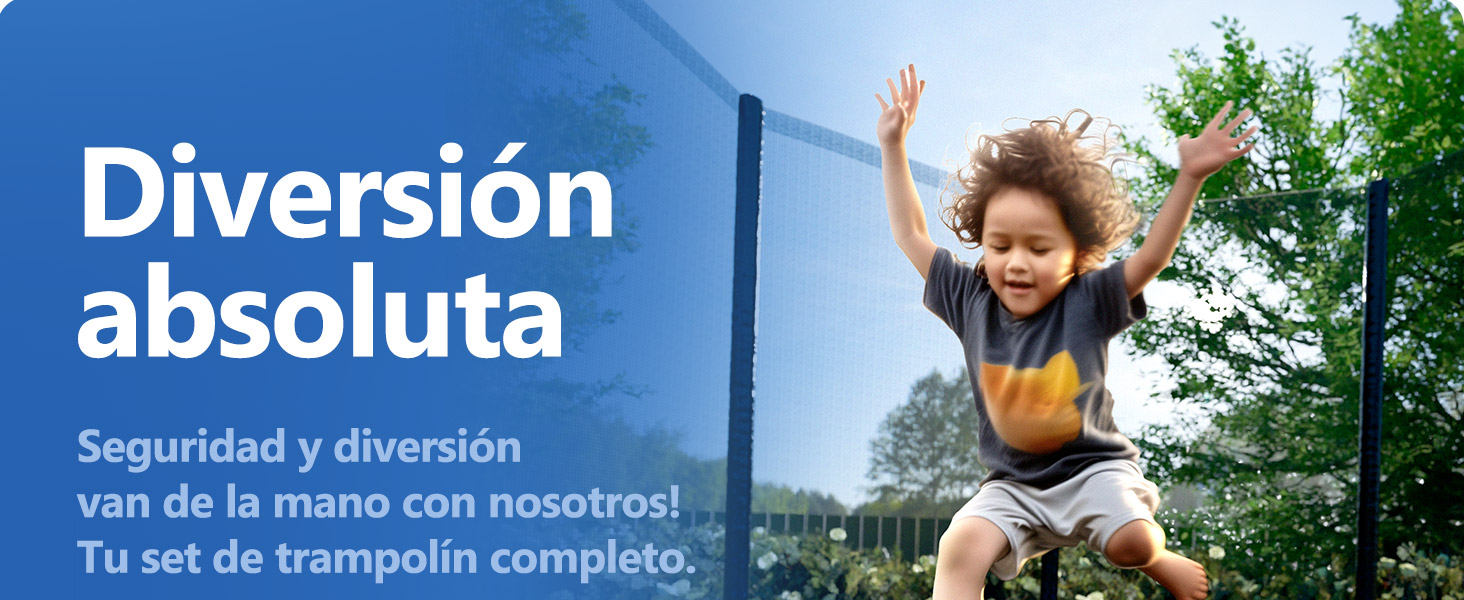 El texto dice «Diversión absoluta» y «Seguridad y diversión van de la mano con nosotros! Tu set de trampolín completo. ' Muestra cama elástica exterior con red de seguridad.