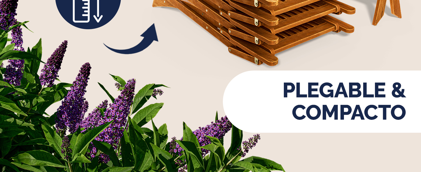 El estante o soporte plegable de madera se muestra parcialmente, con plantas con flores moradas en primer plano. El texto indica que el producto es plegable y compacto