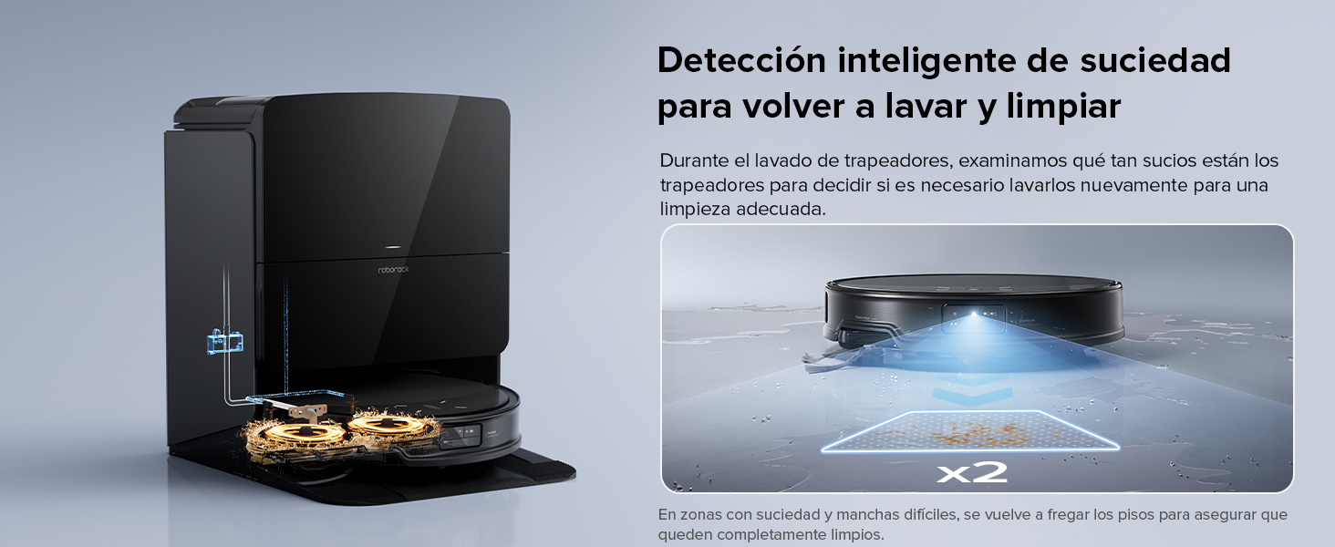 con tecnología de detección de suciedad, con carcasa oscura y pantalla de sensor azul iluminada para una limpieza automática.