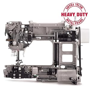Interner Metallrahmen einer Nähmaschine, der ihre robuste Konstruktion zur Geltung bringt. Ein roter kreisförmiger Stempel mit der Aufschrift „HEAVY DUTY“ unterstreicht die robuste Bauweise.